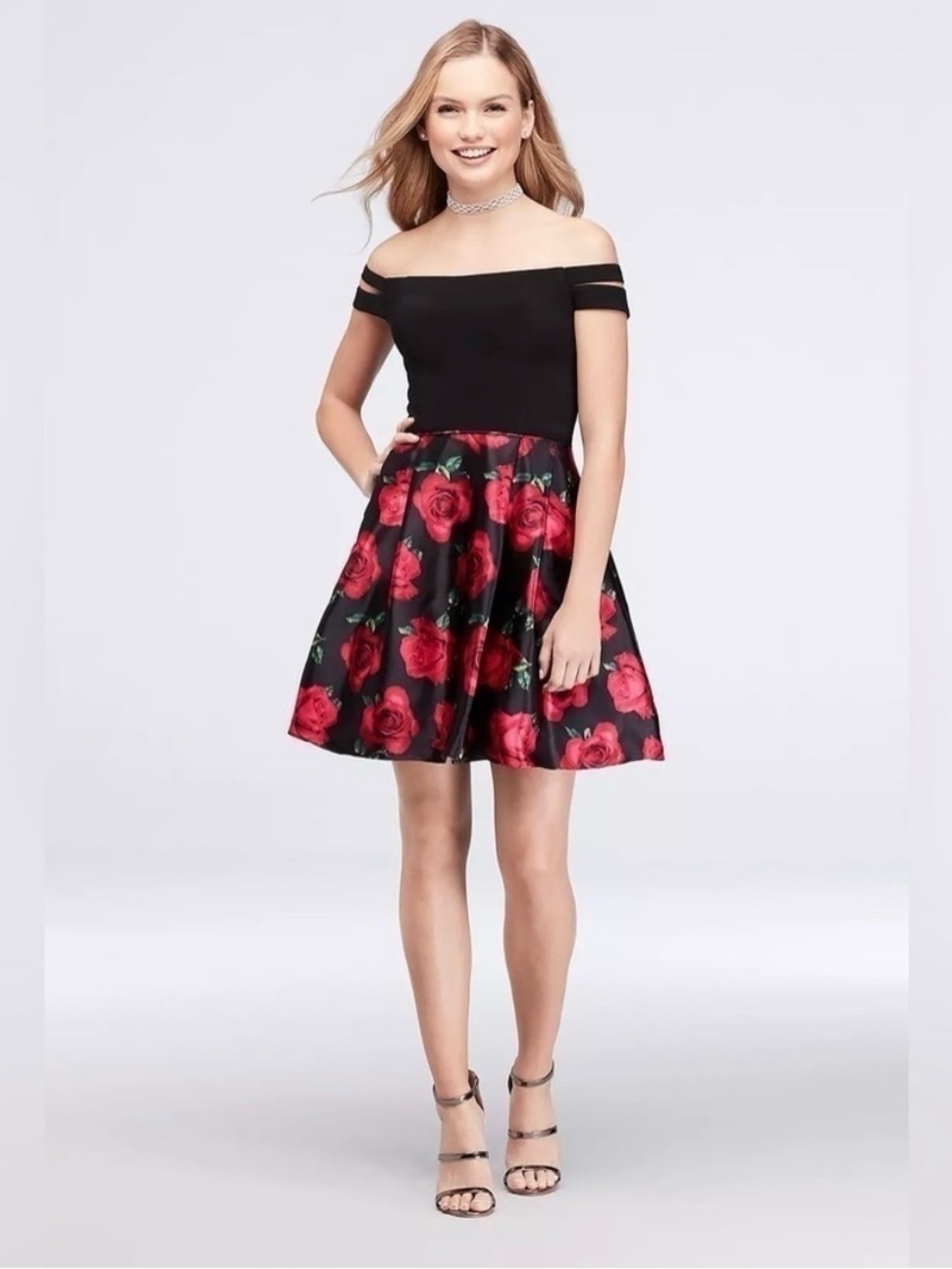 Blondie Nites Black Off-Shoulder Dress with White Rose Skirt